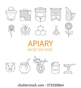 Apiary set  vector line icons. Apiary vector symbols. Bee, honey, bee house, honeycomb, flowers, bear, beehive and wax . Honey natural healthy food production. 