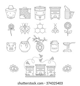 Apiary set  vector line icons. Apiary vector symbols. Bee, honey, bee house, honeycomb, flowers, beehive and wax . Honey natural healthy food production. 