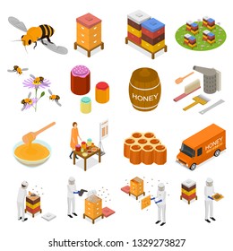 Apiary Sign 3d Icon Set Isometric View Include of Honeycomb, Bee, Beekeeper and Honey. Vector illustration of Icons