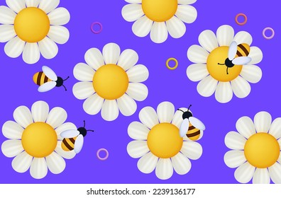 Apiary, swarm of bees 3d. Flight of insects in the garden or purple field with white flowers, collection of nectar. Pollination of plants, the concept of active joint labor. Bees in wildlife. Vector.