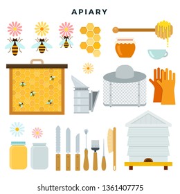 Apiary tools and equipment, set of icons. Everything for beekeeping. Bee, honey, beehive, smoker, mask, gloves, hat, beekeeper knife, brush. Vector illustration in flat style.