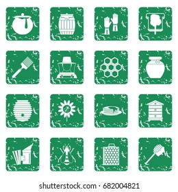 Apiary tools icons set in grunge style green isolated vector illustration