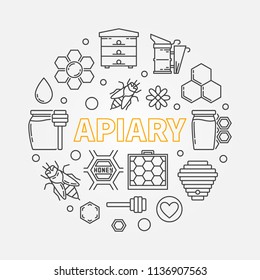 Apiary vector circular illustration. Word Apiary and Honey and beekeeping outline icons in circle shape