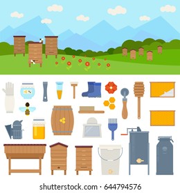 Apiary vector flat illustrations with beekeeping elements - wooden hive, honey, bees, flowers, tools beekeeper, honeycomb. Vector illustration on white background