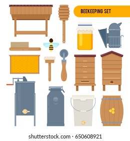 Apiary vector flat illustrations with beekeeping elements - wooden hive, honey, bees, flowers, tools beekeeper, honeycomb. Vector illustration on white background.