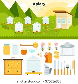 Apiary vector flat illustrations. Apiary in the garden. Organic food concept. Natural honey in banks, bees, honeycombs, bee hives, sunflower isolated on white background