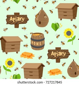 Apiary vector illustrations beekeeping honey jar natural organic sweet insect honied beeswax honeyed seamless pattern background
