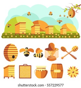 Apiary vector Illustrations. Beekeeping icons set: jar of natural organic sweet honey, bee insect, beeswax, beehive, beekeeper and yellow flower. Isolated on white background. Flat style