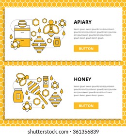 Apiary vector set website banner and landing page with natural honey, honey bee,  honeycomb, beekeeper, bee, flowers, honey jar, honey dipper for your site, card, sticker and app