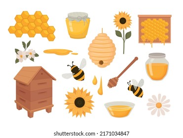 colmenar. cera de abejas comb casa flores herramientas colmenarias y productos ecológicos saludables. Conjunto de imágenes de dibujos animados