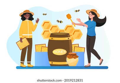 Apiary worker, beekeeping and honey production. Afro american woman in outfit breed bees. Producing natural eco product. Flat cartoon vector illustration concept design isolated on white background