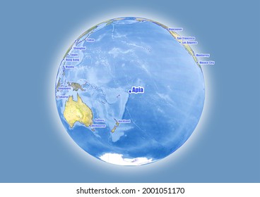 Apia-Samoa is shown on vector globe map. The map shows Apia-Samoa 's location in the world.