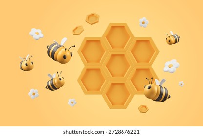 Apiculture background with 3D bees, flowers and honeycombs in plastic style. Vector illustration with cartoon summer objects. Stripped insects flying on yellow gradient backdrop.