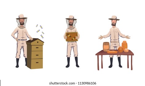 Apiculture and beekeeping. Beekeeper, hiver harvesting honey, dealing with bee-house, selling home-made honey. Set of characters. Colorful flat vector illustration. Isolated on white background.