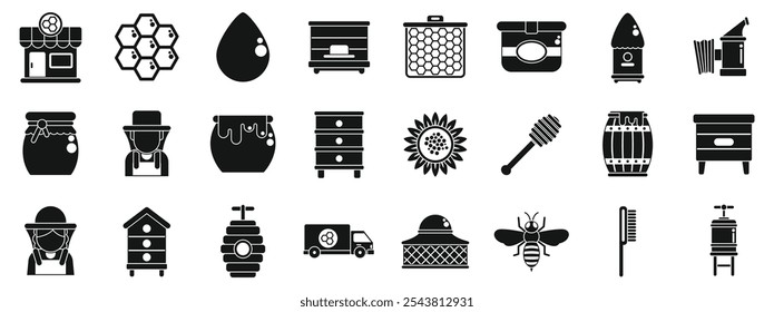 Apiculture business icons set. Black and white icons representing various aspects of beekeeping, honey production, and related equipment