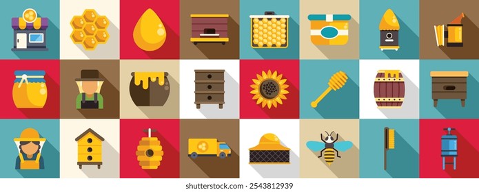 Apiculture business icons set. Colorful flat icons representing various aspects of beekeeping, honey production, and apiary elements, showcasing tools, products, and processes