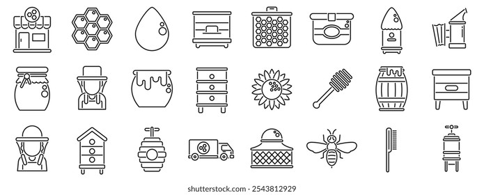 Apiculture business icons set. Essential icons representing various aspects of beekeeping, from honey production and beehive maintenance to the tools and equipment used by beekeepers