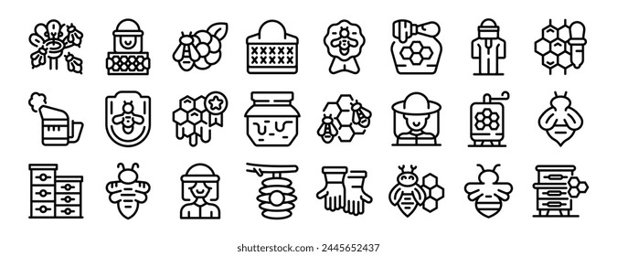 Iconos de negocios de apicultura establecen Vector de esquema. Insecto de abeja. Cría de dulces de abeto