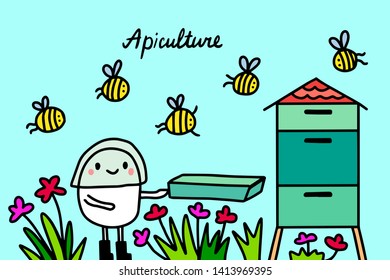 Apiculture hand drawn vector illustration in cartoon style. Men gathering honey and bees around