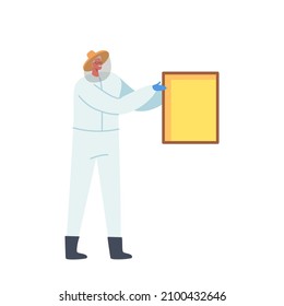 Apiculture, Honey Production, Beekeeping. Beekeeper Male Character in Protective Suit with Hat Caring of Bees Taking Frame with Honey in Honeycombs from Hive on Apiary. Cartoon Vector Illustration