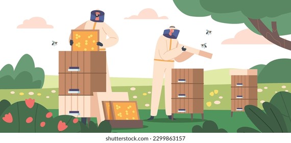 Apiculture, Honey Production, Beekeeping Concept with Beekeeper Characters in Protective Suits Care of Bees Taking Frame