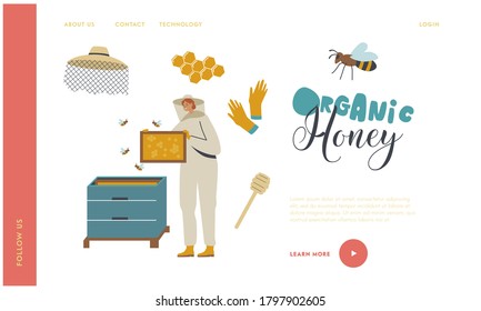 Apiculture, Honey Production, Beekeeping Landing Page Template. Beekeeper Female Character in Protective Suit with Hat Taking Frame with Honey in Honeycomb from Apiary Hive. Linear Vector Illustration