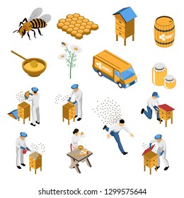 Apiculture isometric set with flowers and bees beekeeper near hive honey in various containers isolated vector illustration