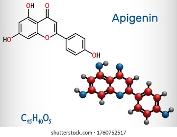 Apigenin, C15H10O5, flavone, aglycone molecule. It is plant-derived flavonoid, exhibits antiproliferative, anti-inflammatory, antimetastatic activities. Vector illustration
