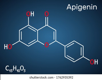 Apigenin, C15H10O5, flavone, aglycone molecule. It is plant-derived flavonoid, exhibits antiproliferative, anti-inflammatory, antimetastatic activities. Dark blue background