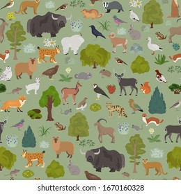 Apine tundra biome, natural region seamless pattern. Terrestrial ecosystem world map. Animals, birds and plants design set. Vector illustration