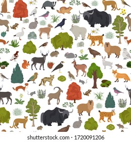 Apine tundra biome, natural region seamless pattern. Terrestrial ecosystem world map. Animals, birds and plants design set. Vector illustration