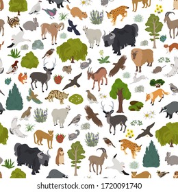 Apine tundra biome, natural region seamless pattern. Terrestrial ecosystem world map. Animals, birds and plants design set. Vector illustration