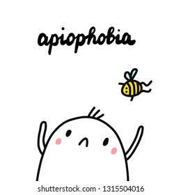 Apiophobia hand drawn illustration with cute marshmallow looking at bee