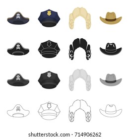 Apirate's cocked hat, a police cap, a judge's wig, a cowboy. Hats set collection icons in cartoon black monochrome outline style vector symbol stock illustration web.