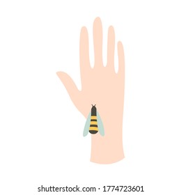 Apitherapy. Alternative holistic medicine. Treatment with bee stings. Hand with bee. Vector flat illustration