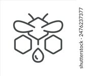 Apitoxin Icon. Thin Line Illustration of a Bee Honeycombs with a Drop, Symbolizing Bee Venom, Therapeutic Uses, and Medical Benefits. Isolated Outline Vector Sign.