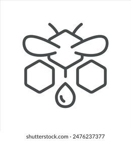 Icono de Apitoxin. Ilustración delgada de un panal de abejas con una gota, simbolizando el veneno de abeja, usos terapéuticos y beneficios médicos. Signo de Vector de contorno aislado.