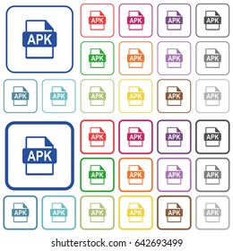 APK file format color flat icons in rounded square frames. Thin and thick versions included.
