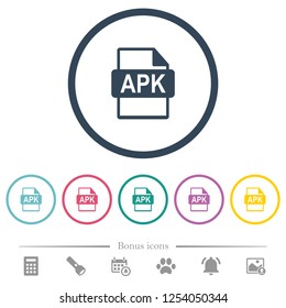 APK file format flat color icons in round outlines. 6 bonus icons included.