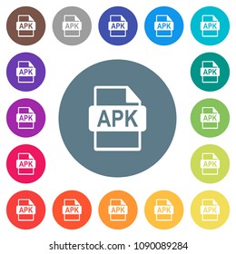 APK file format flat white icons on round color backgrounds. 17 background color variations are included.