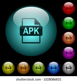 APK file format icons in color illuminated spherical glass buttons on black background. Can be used to black or dark templates