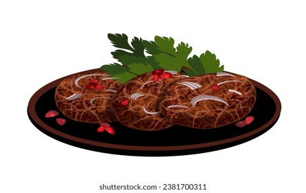 Apkhazura,georgian kartuli meat dish.Minced meat with spices,pomegranate seeds in a fat mesh,seal.Dish with barberry berries fried on open fire.Food on red clay frying pan,ketsi.Piping hot Abkhazura