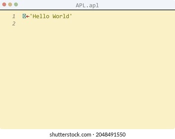 APL language Hello World program sample in editor window