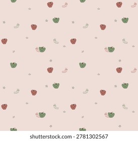 Aple with cute worm Seamless pattern with leaves vector sweet background.
