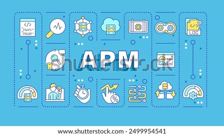 APM blue word concept. Application performance, system metrics. Cpu usage, processing power. Typography banner. Vector illustration with title text, editable icons color