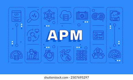 APM blue word concept. Cloud optimization, service availability. System instability. Horizontal vector image. Headline text surrounded by editable outline icons