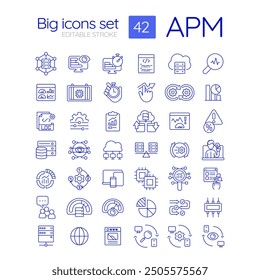 APM lineare Icons gesetzt. Netzwerk-Informationstechnologie. Bereitstellung von Inhalten. DNS-Server, Datenspeicherung. Anpassbare Symbole für dünne Linien. Isolierte Vektorkonturillustrationen. Bearbeitbarer Strich