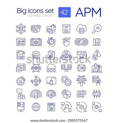 APM linear icons set. Network information technology. Content delivery. Dns servers, data storage. Customizable thin line symbols. Isolated vector outline illustrations. Editable stroke