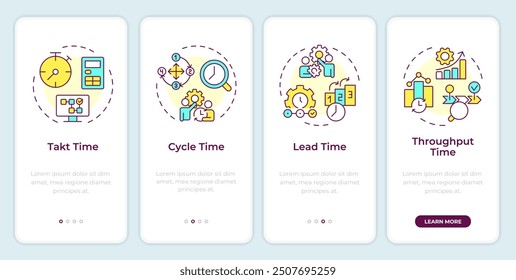 APM metrics onboarding mobile app screen. Workload efficiency. Walkthrough 4 steps editable graphic instructions with linear concepts. UI, UX, GUI template