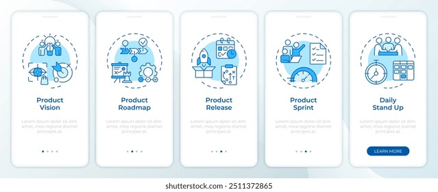 Pantalla azul del App móvil de incorporación de la organización de planificación de APM. Instrucciones gráficas editables de 5 pasos con conceptos lineales. PLANTILLA UI, UX, GUI